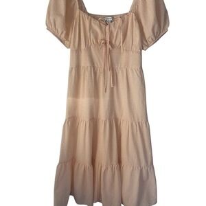 Checkered lights brown and cream peasant top dress double bows searsucker back